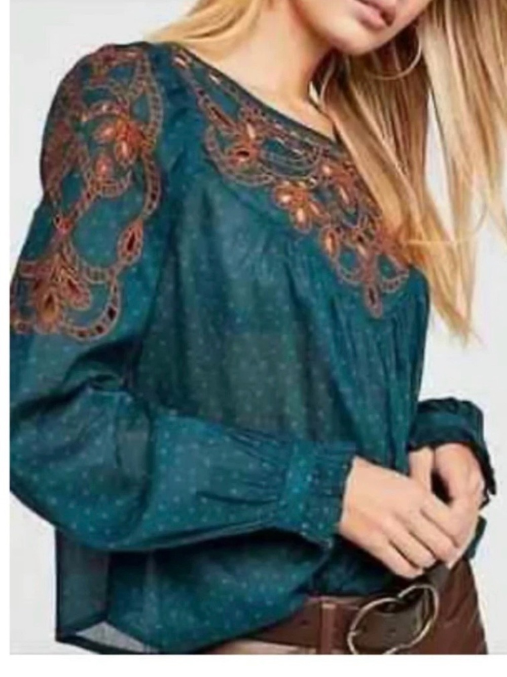 Free People Everything I Know Embroidered Cutout Teal Peasant Blouse